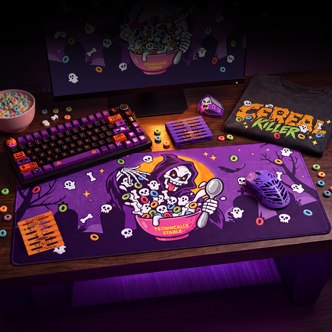 Cereal Killer Halloween collection: a themed desk setup with desk mat, T-shirt and matching accessories