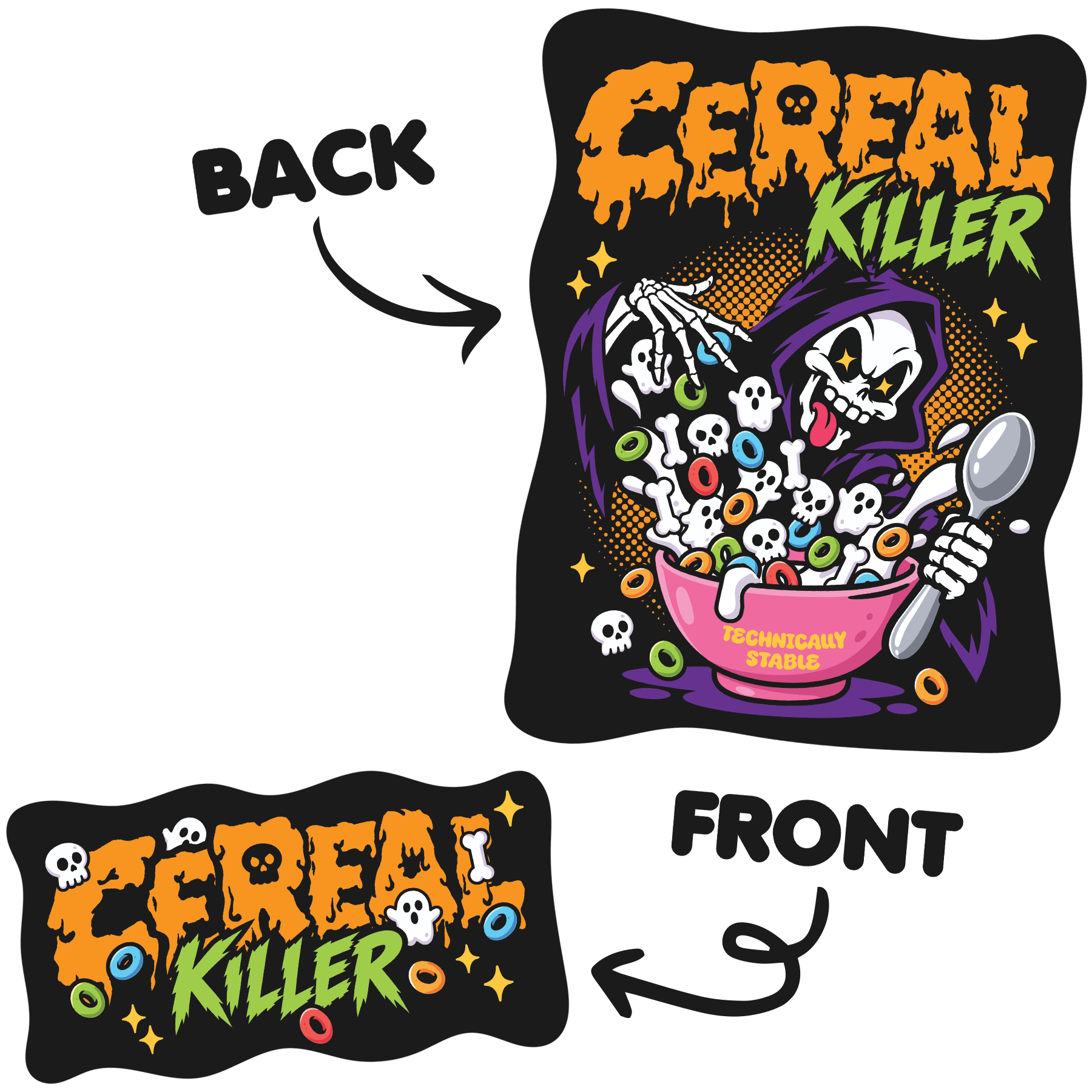 Cereal Killer T-shirt print artwork showing front chest and full back illustrations