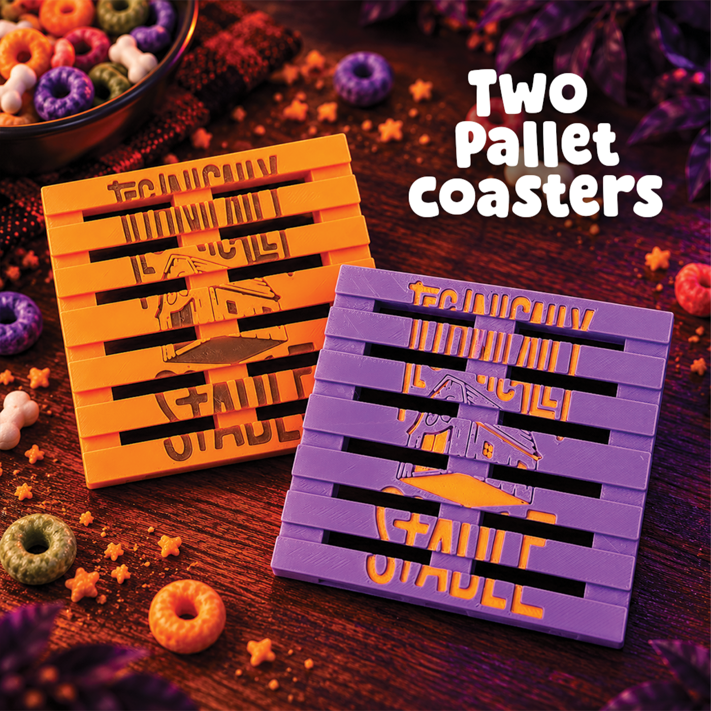 Existing 3D-printed pallet coasters recoloured for the Cereal Killer Halloween collection