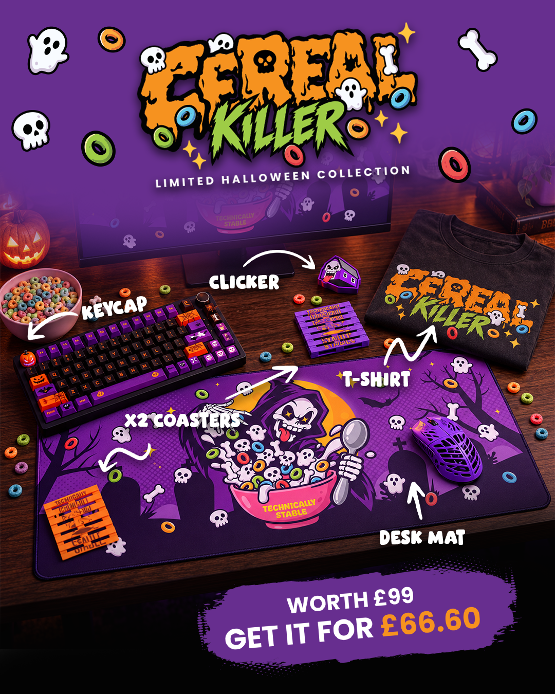 Portrait Cereal Killer limited Halloween collection social campaign graphic showing merchandise and the launch bundle offer