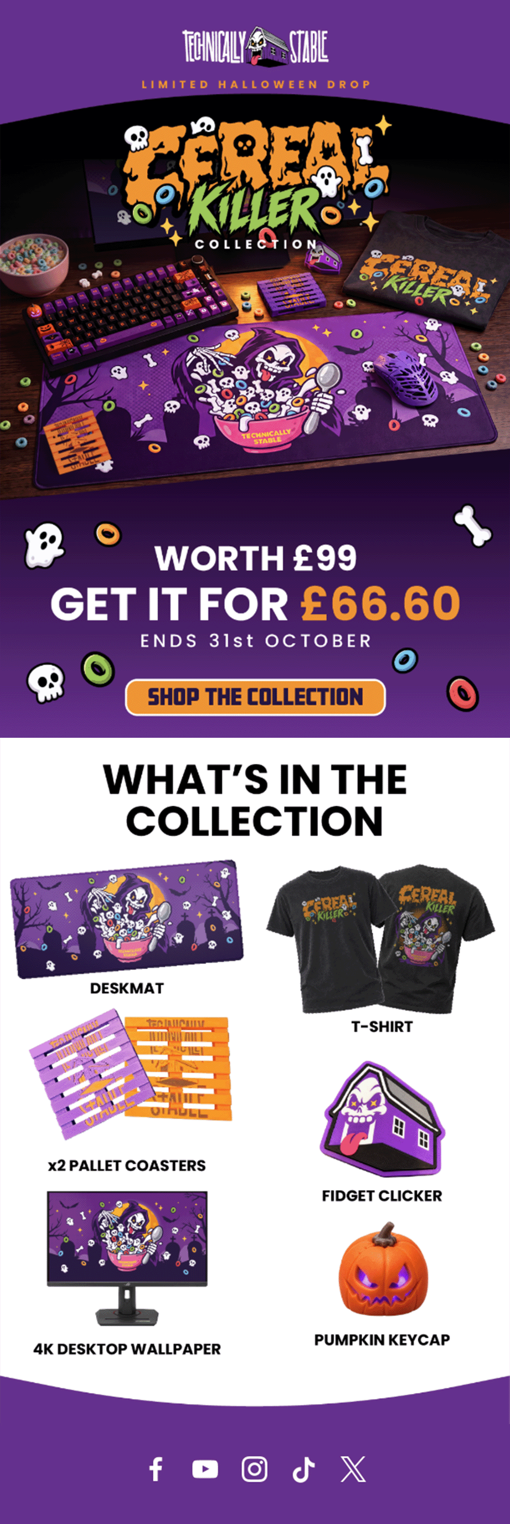 Full Cereal Killer Halloween collection promotional Klaviyo email design featuring launch graphics and product offer