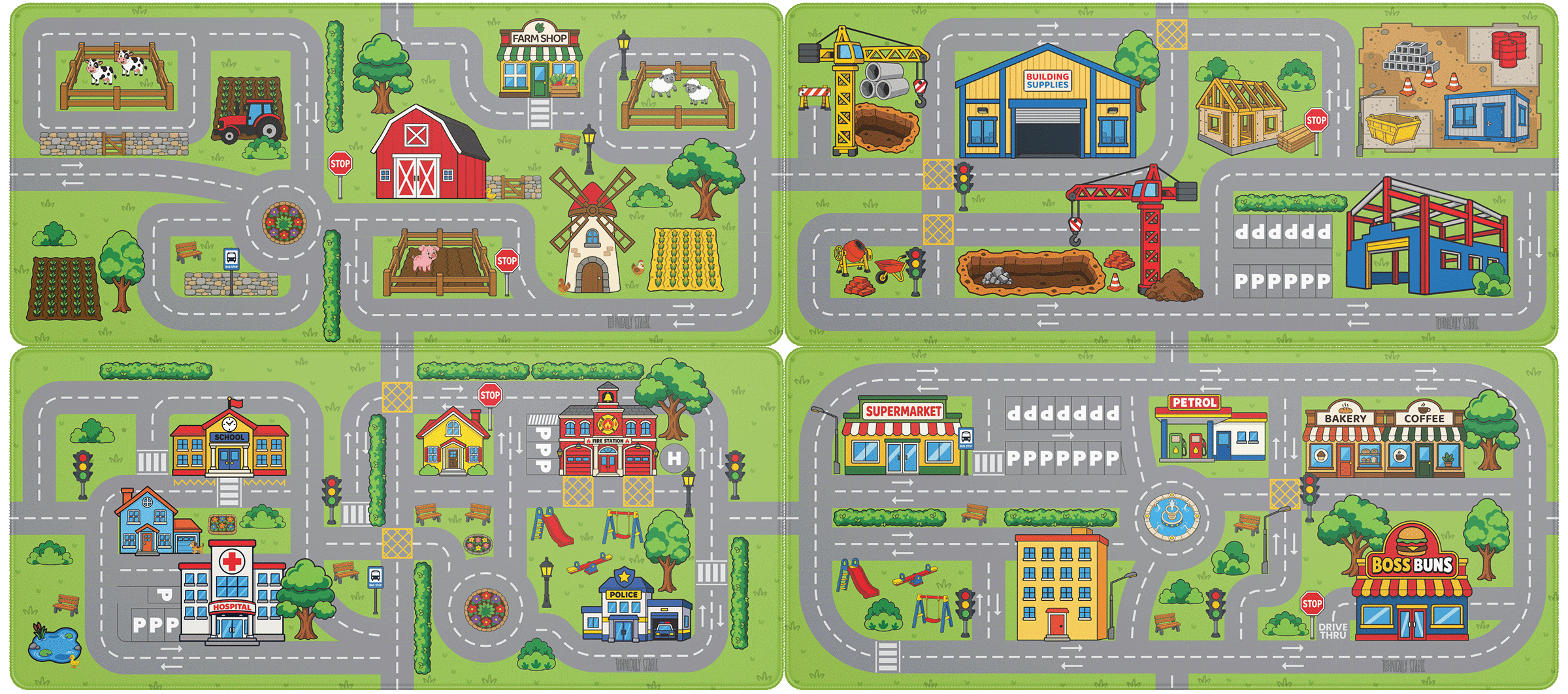 Four Little Adventures mat mockups in a 2 by 2 arrangement: countryside and construction above town and city, with road exits aligned between neighbouring mats.